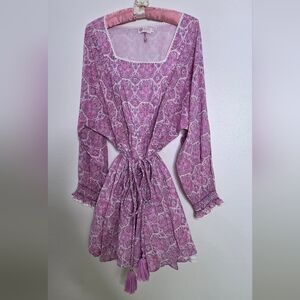 ​Buggy 100% Cotton Pink Paisley Pom Pom Tassel Trim Boho Mini Dress M Fit Like L